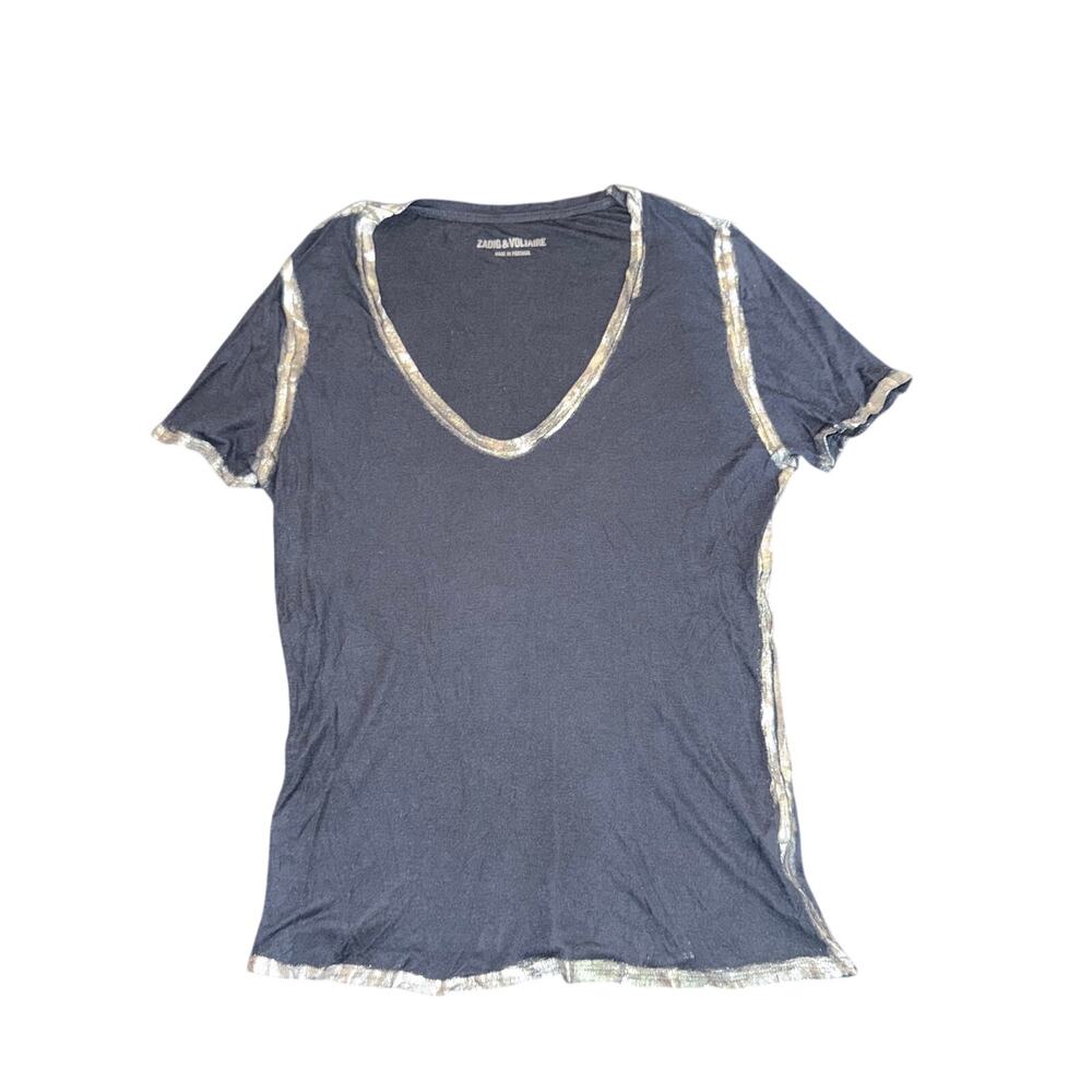 Zadig & Voltaire Tino Foil Spi Dark Grey V-Neck Tee Metallic Trim Size S